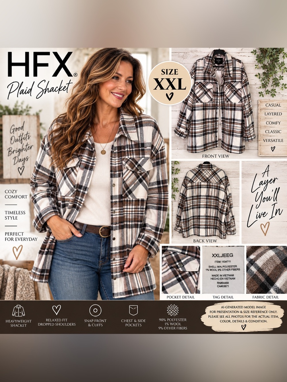 NWT HFX Brown Plaid Heavyweight Shacket Shirt Jacket XXL